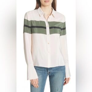 Equipment Femme Silk Cream and Olive Striped Button-Up Shirt, Size L